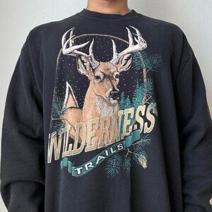 Vintage 190s Wilderness Trails Deer Print Graphics Black Heavyweight Sweater